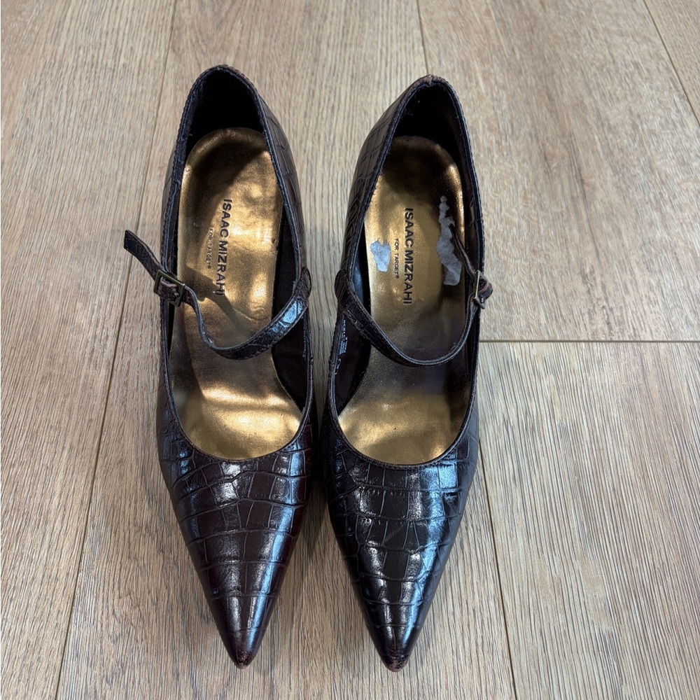 Isaac Mizrahi Brown Croc Embossed Mary Jane Heels Women’s Size 6 Pointed Toe